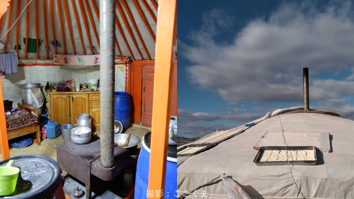 モンゴル・遊牧民のゲル。天井から、中の梁まで余すことなく利用している。